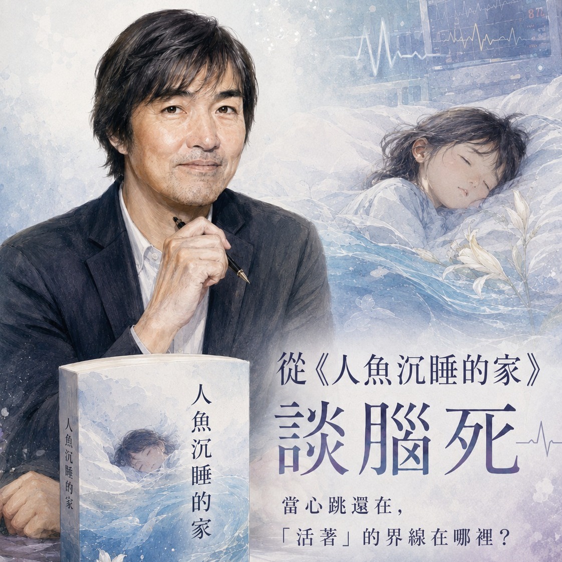 小說《人魚沉睡的家》與加護病房情境的水彩風格概念插畫